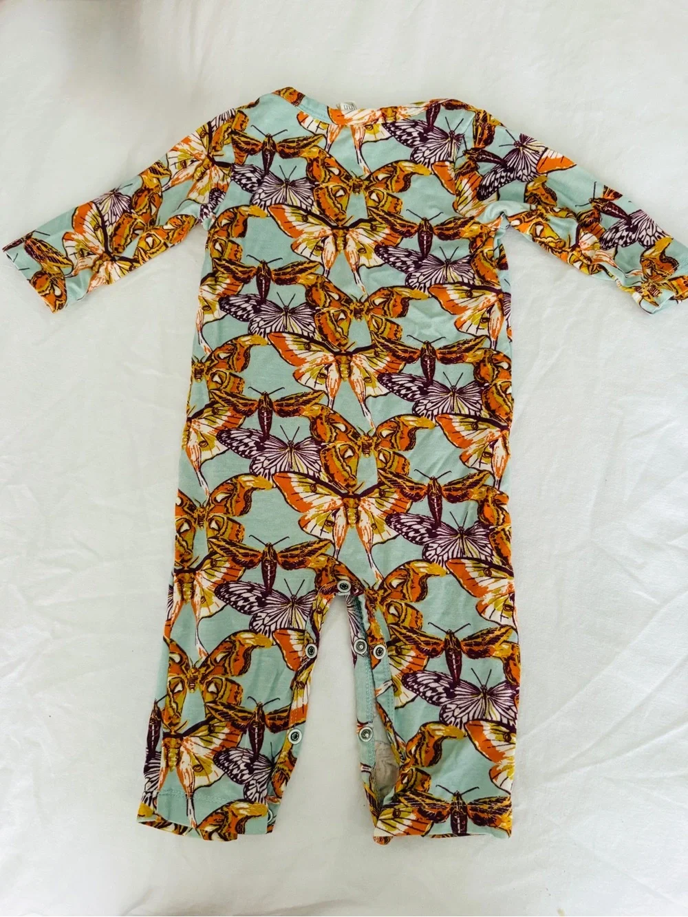 Kate Quinn Bamboo Butterfly Print baby  One-Piece Romper - Mint & Orange 3-6m